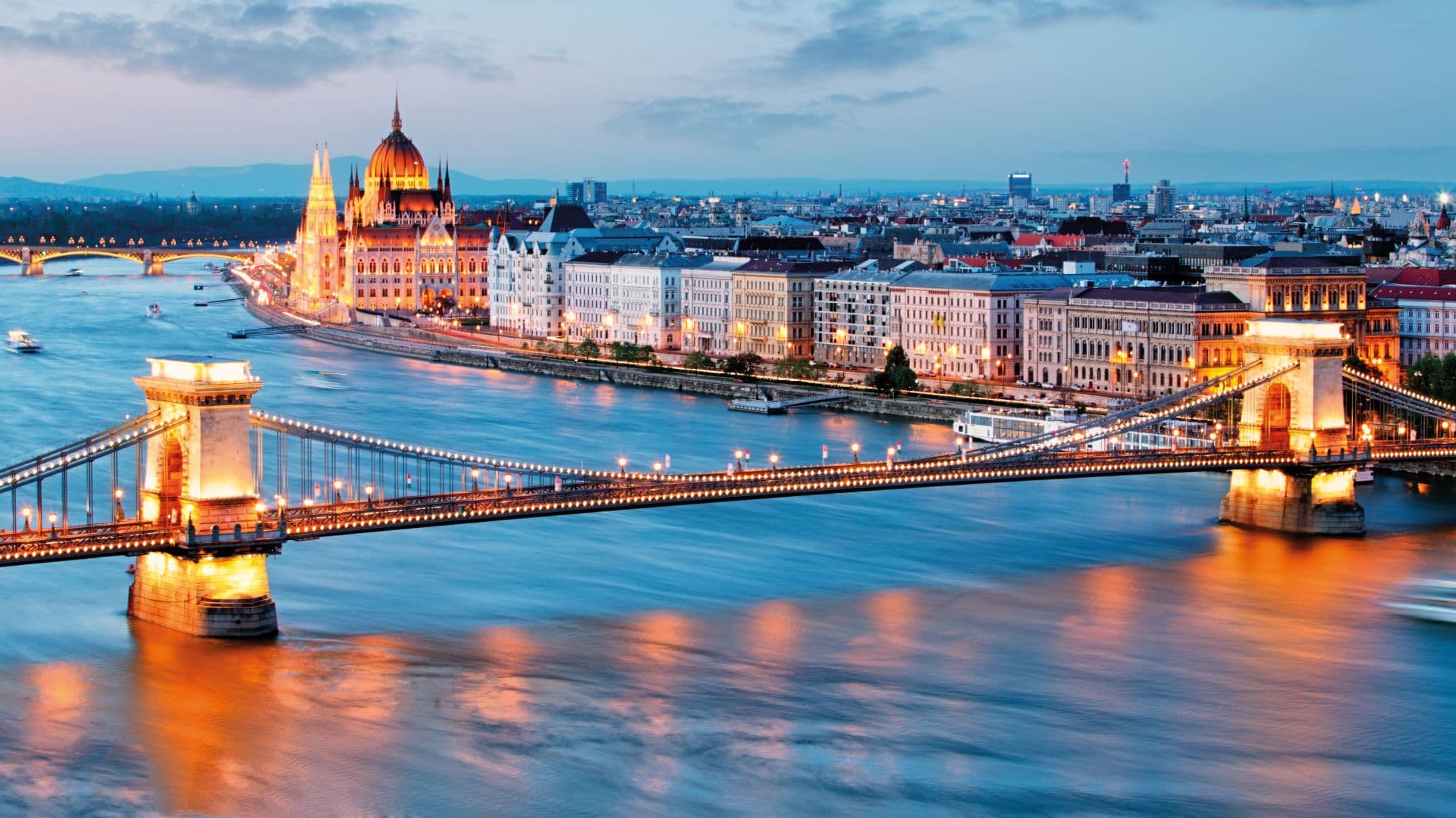 Chain Bridge and Parliament on the Danube at dusk
